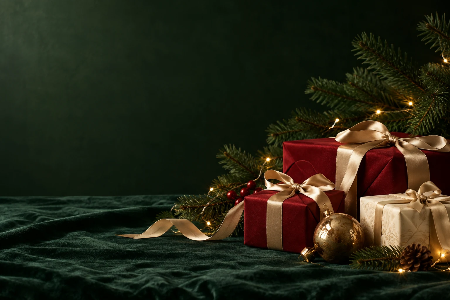 Evergreen branches, warm lights and red gifts tied with golden ribbons