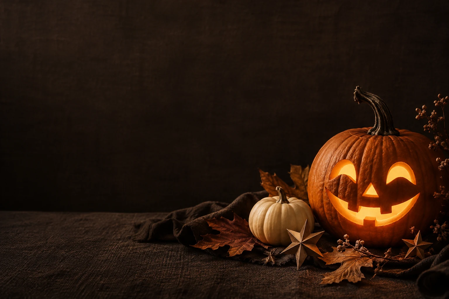 A glowing friendly pumpkin with autumn leaves and golden paper stars